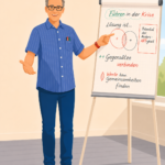 Ein Mann mit Brille in blauem Hemd steht vor einem Flipchart