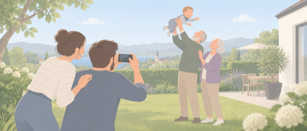 Illustration: Großeltern mit Baby im Garten werden von einem jungen Paar fotografiert